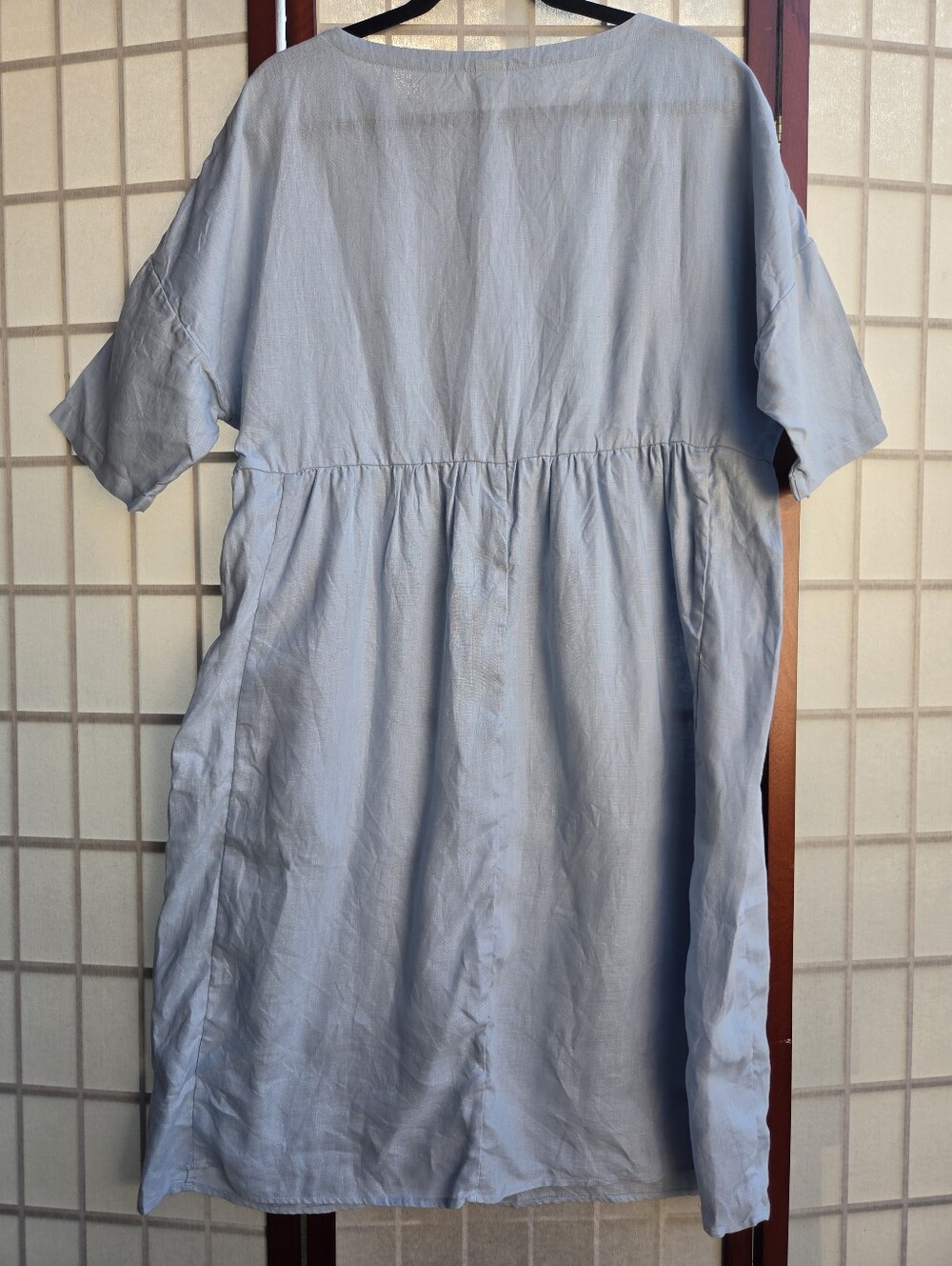 LINTICO 100% Linen Light Blue Babydoll Midi Dress Coastal Grandma Cottagecore M - Picture 6 of 12
